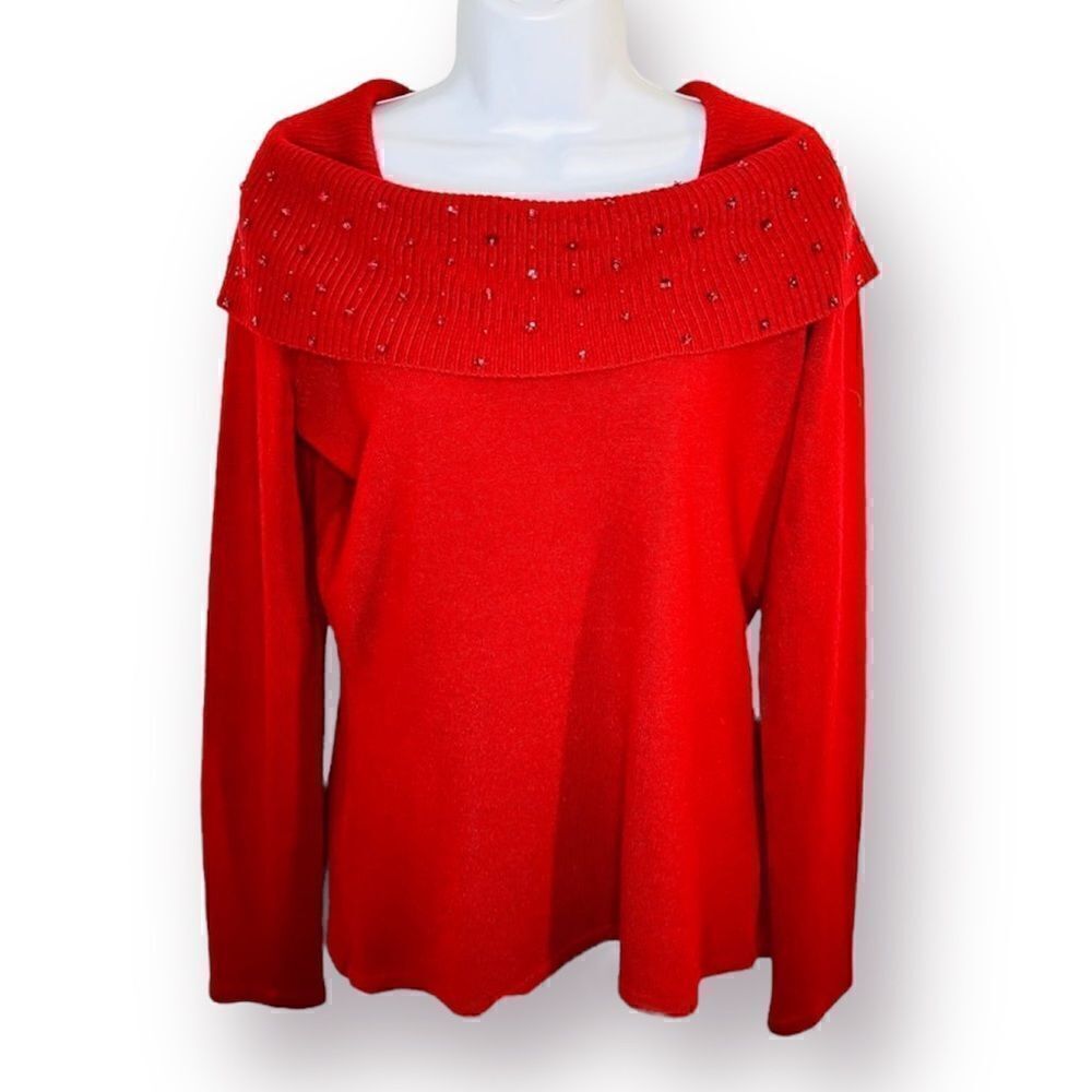 Debbie Morgan Beaded Red Sweater Long Sleeves Holiday